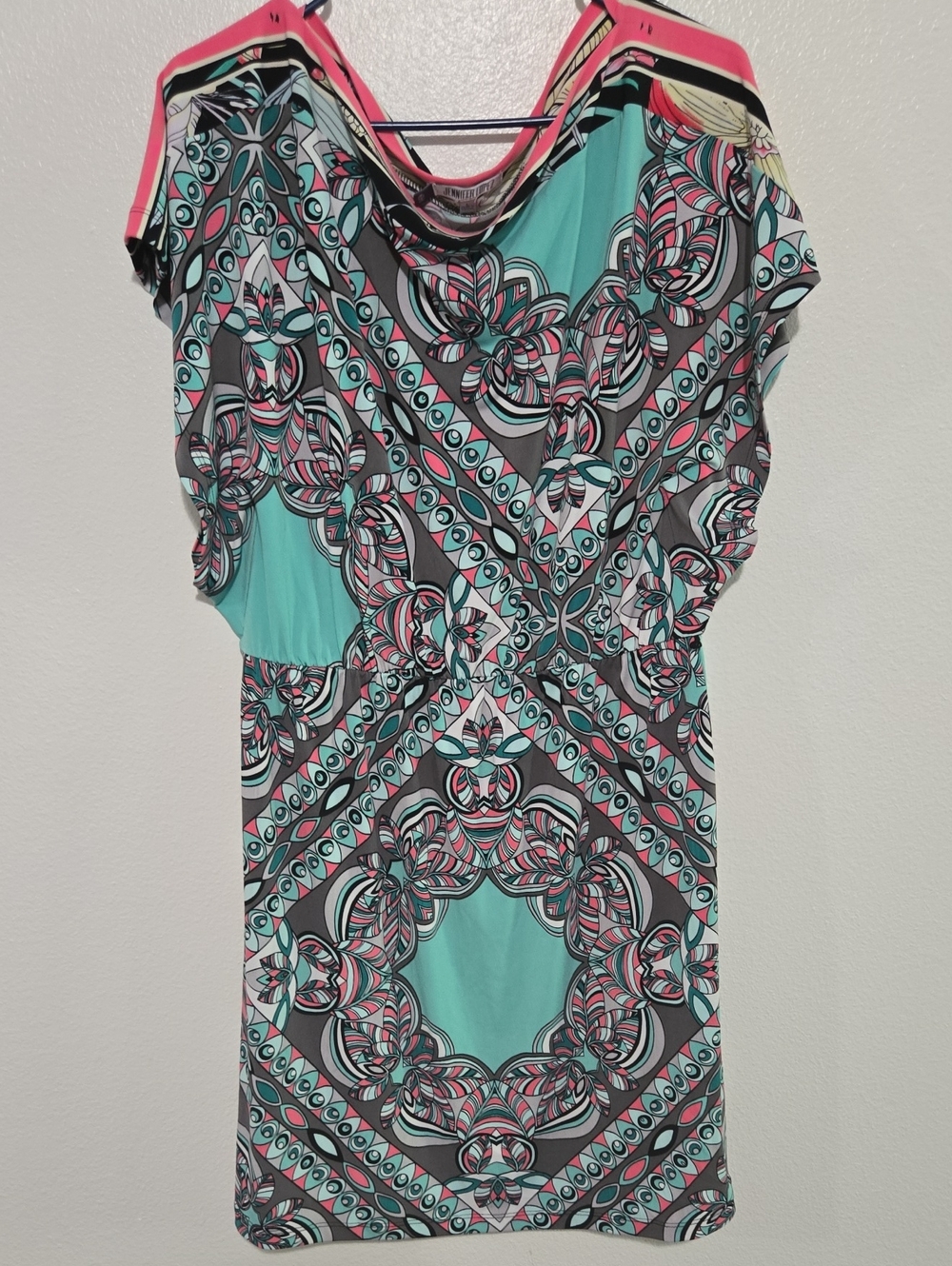 Jennifer Lopez Turquoise & Pink Geometric Print Tunic